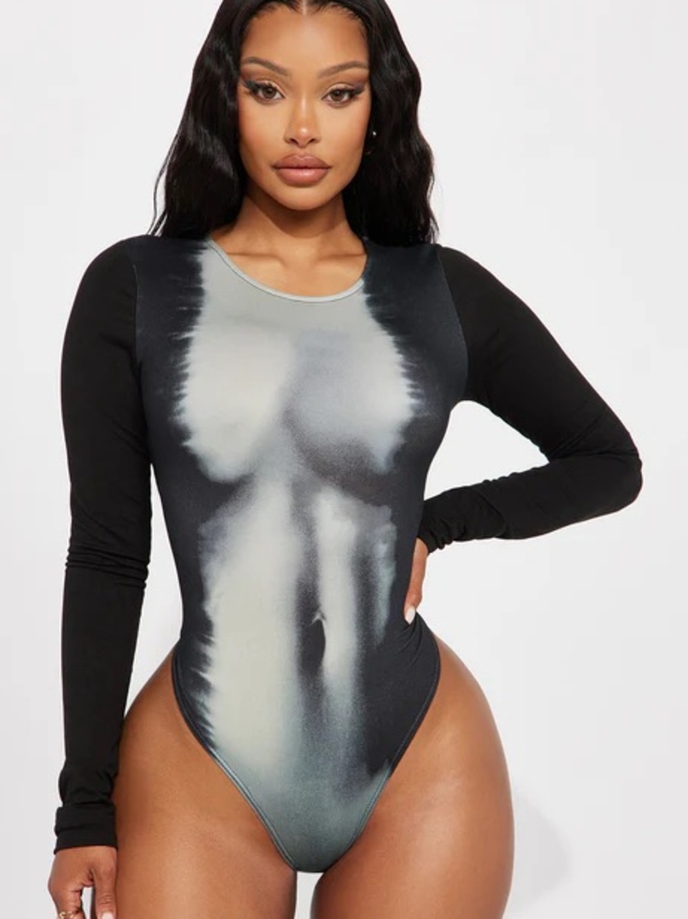 Fashion Nova Black and Gray Long Sleeve Tie-Dye Bodysuit